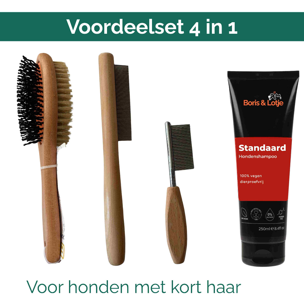 Pflegepaket für kurzhaarige Hunde – Hundebürste, 2 Kämme & Hundeshampoo
