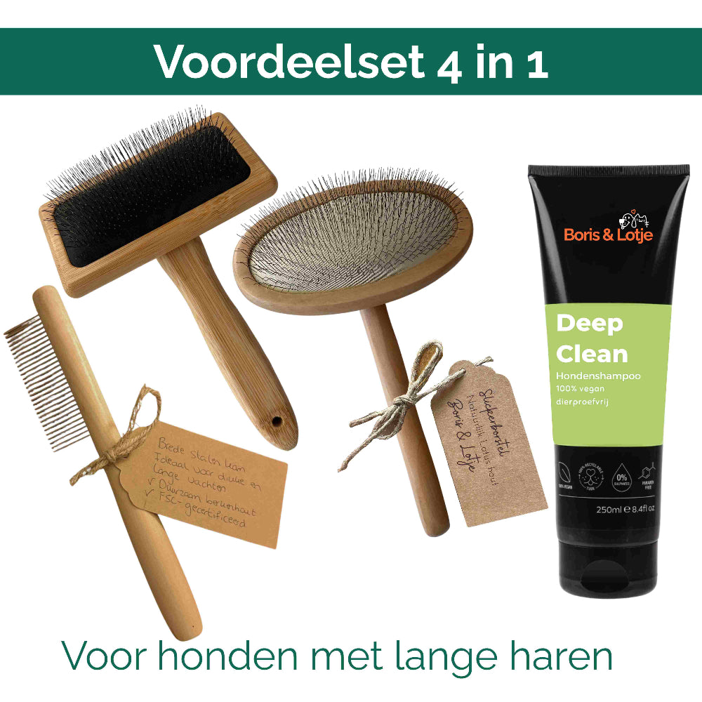 Pflegeset für langes Fell mittelgroßer Hunde 10 bis 25 kg – Bürste, Zupfbürste, Kamm & Shampoo