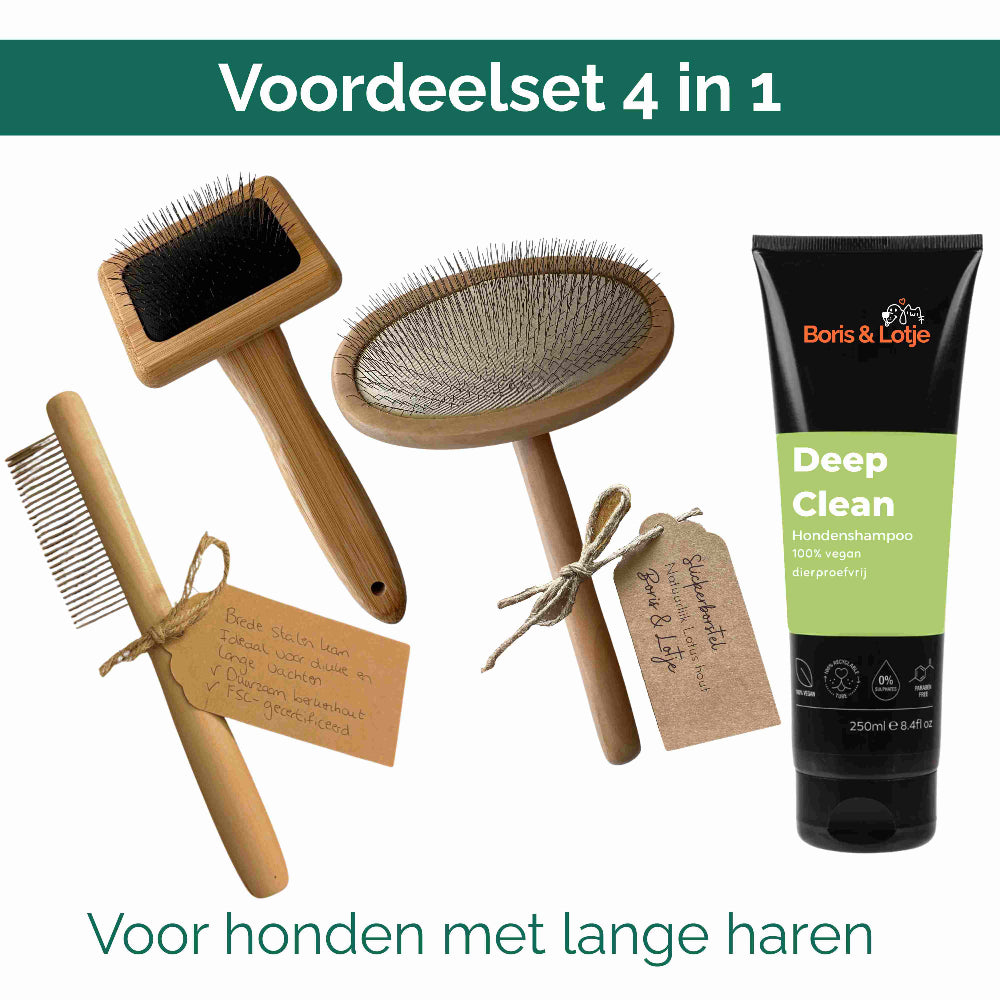 Pflegeset für langes Fell kleiner Hunde bis 10 kg – Bürste, Zupfbürste, Kamm & Shampoo
