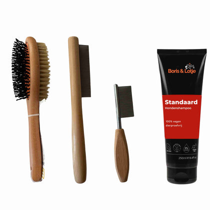 Pflegepaket für kurzhaarige Hunde – Hundebürste, 2 Kämme & Hundeshampoo