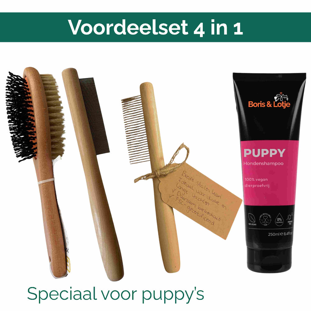 Welpen-Pflegeset – Hundebürste, 2 Kämme & Welpen-Shampoo